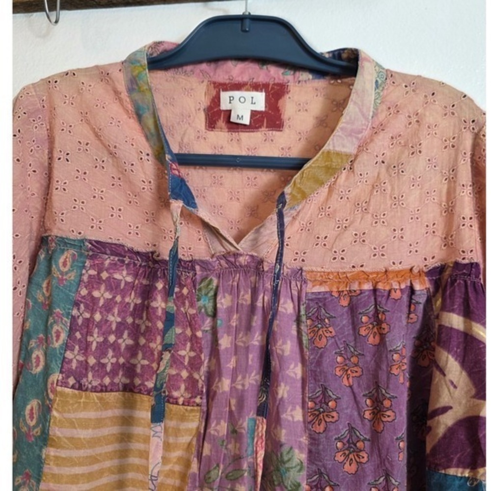 POL Womens Patchwork Eyelet Tunic Top Multi Color Bell Sleeve Cotton Medium - Picture 10 of 15